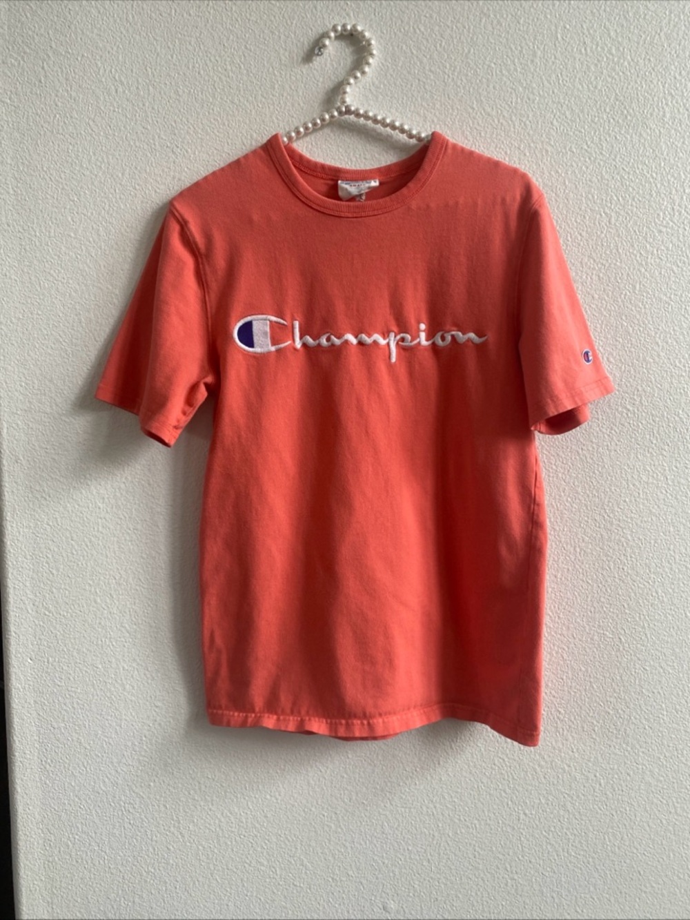 Vintage Champion Shirt Embroidered Logo Blue Tag Small T-Shirt Athletic Coral